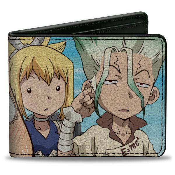 Buckle-Down Bi-Fold Wallet - DR. STONE Four Chibi Charater Group Pose Sky Blue