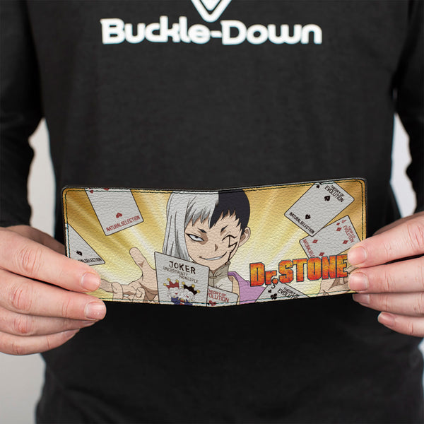 Buckle-Down Bi-Fold Wallet - DR. STONE Gen Asagiri Cards Pose And Title Logo Yellows