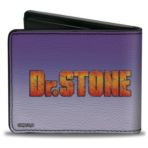 Buckle-Down Bi-Fold Wallet - DR. STONE Gen Asagiri Smiling Pose And Title Logo Purples