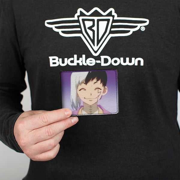 Buckle-Down Bi-Fold Wallet - DR. STONE Gen Asagiri Smiling Pose And Title Logo Purples