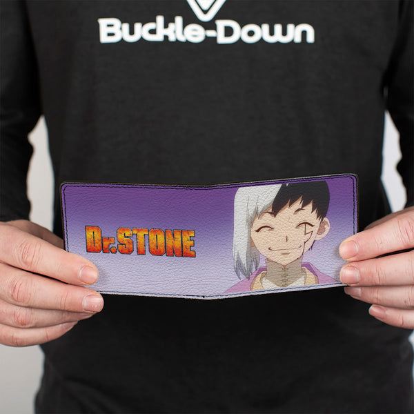 Buckle-Down Bi-Fold Wallet - DR. STONE Gen Asagiri Smiling Pose And Title Logo Purples