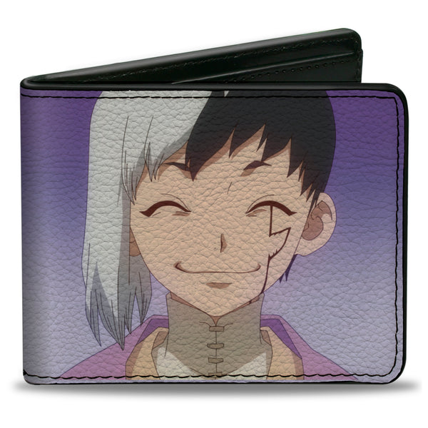 Buckle-Down Bi-Fold Wallet - DR. STONE Gen Asagiri Smiling Pose and Title Logo Purples