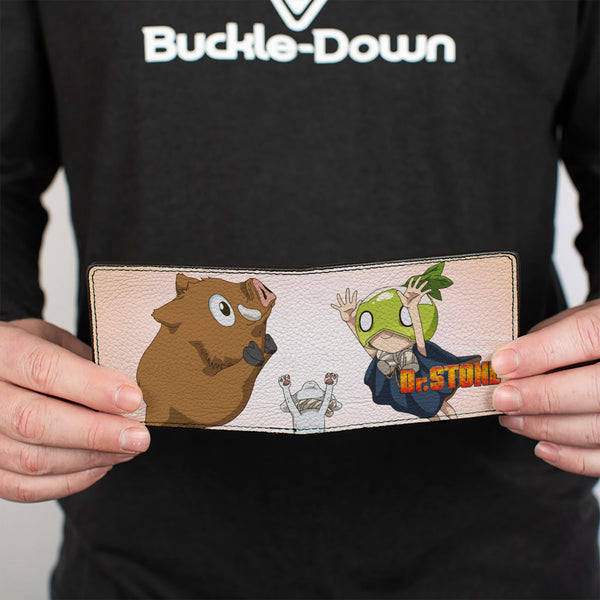 Buckle-Down Bi-Fold Wallet - DR. STONE Sagara Chalk And Suika Hands Up Pose And Title Logo Beige