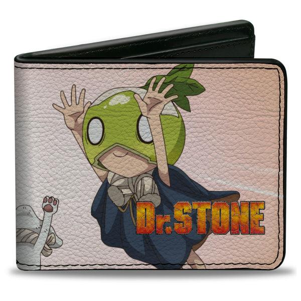 Buckle-Down Bi-Fold Wallet - DR. STONE Sagara Chalk and Suika Hands Up Pose and Title Logo Beige