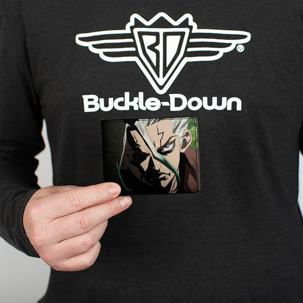 Buckle-Down Bi-Fold Wallet - DR. STONE Senku Ishigami Ray Of Despair Hope Pose And Title Logo Black