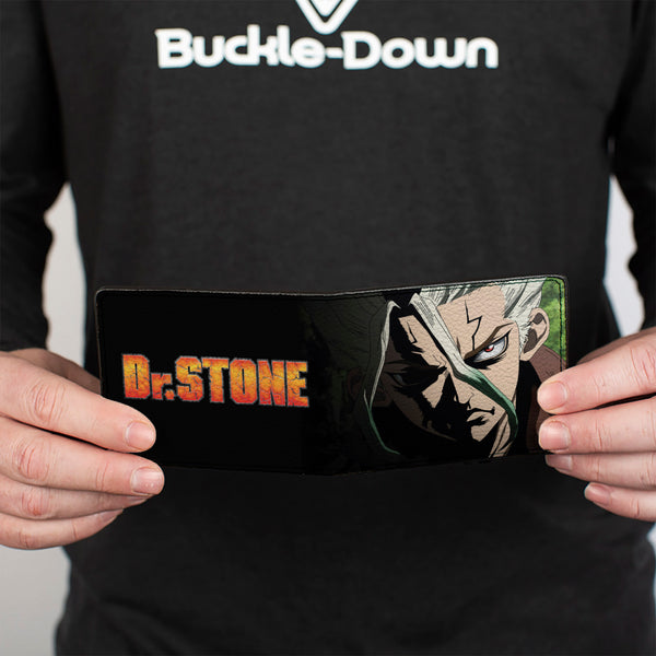Buckle-Down Bi-Fold Wallet - DR. STONE Senku Ishigami Ray Of Despair Hope Pose And Title Logo Black