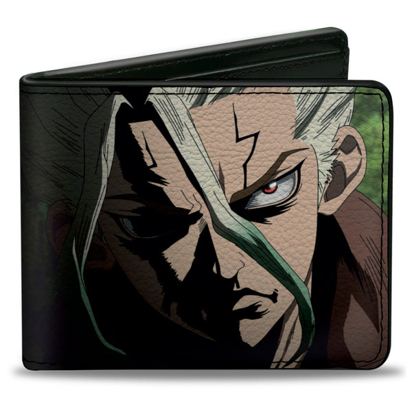 Buckle-Down Bi-Fold Wallet - DR. STONE Senku Ishigami Ray of Despair Hope Pose and Title Logo Black