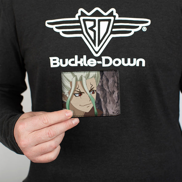 Buckle-Down Bi-Fold Wallet - DR. STONE Senku Ishigami Sword Close-Up Pose And Title Logo