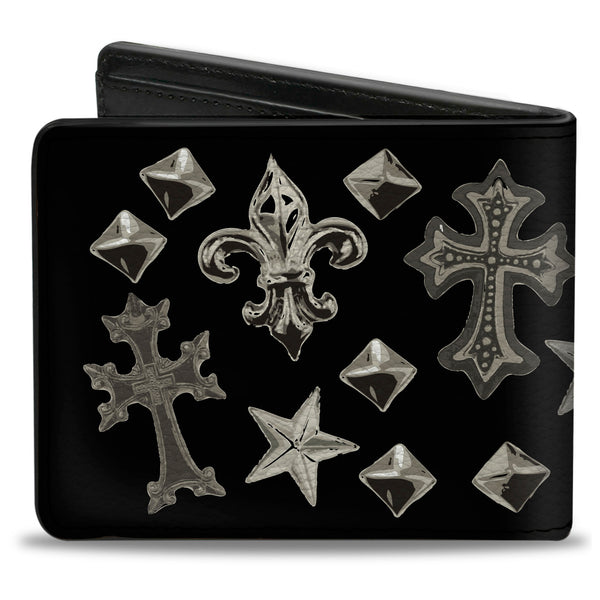 Buckle-Down Bi-Fold Wallet - Elegant Crosses Stars Studs Black Grays