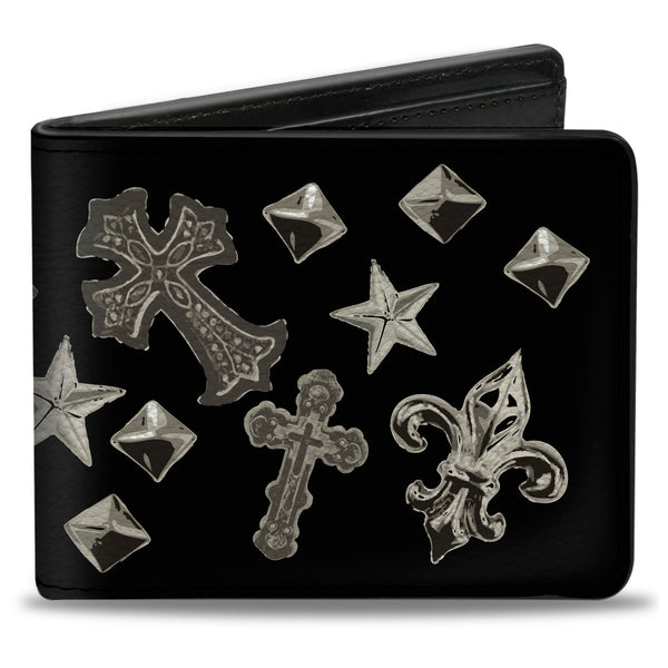 Buckle-Down Bi-Fold Wallet - Elegant Crosses Stars Studs Black Grays