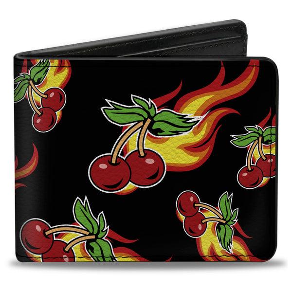 Buckle-Down Bi-Fold Wallet - Flaming Cherries Scattered Black