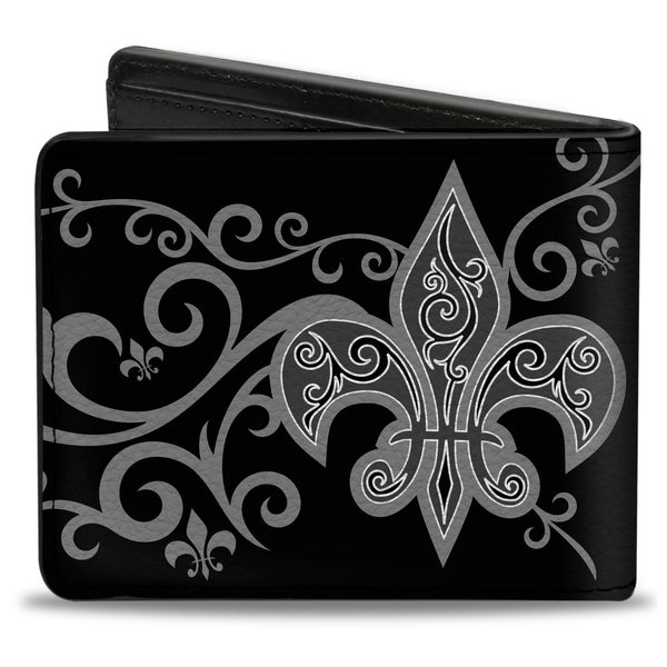 Buckle-Down Bi-Fold Wallet - Fleur-de-Lis W Filigree Black Gray