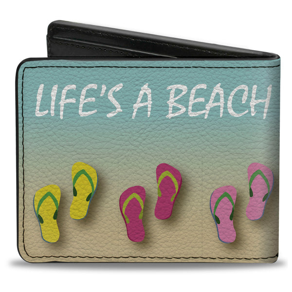 Buckle-Down Bi-Fold Wallet - Flip Flops7 LIFE'S A BEACH Tan Aqua White