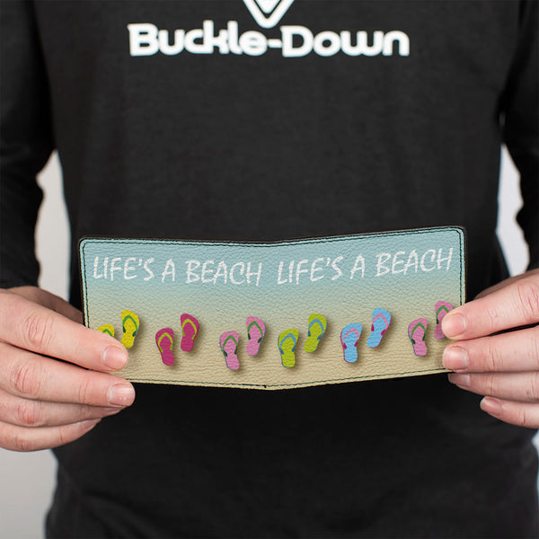 Buckle-Down Bi-Fold Wallet - Flip Flops7 LIFE'S A BEACH Tan Aqua White