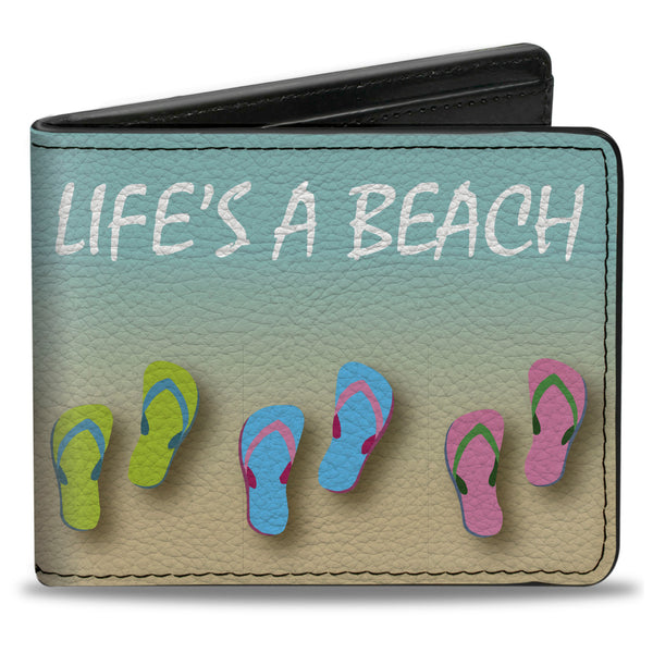 Buckle-Down Bi-Fold Wallet - Flip Flops7 LIFE'S A BEACH Tan Aqua White
