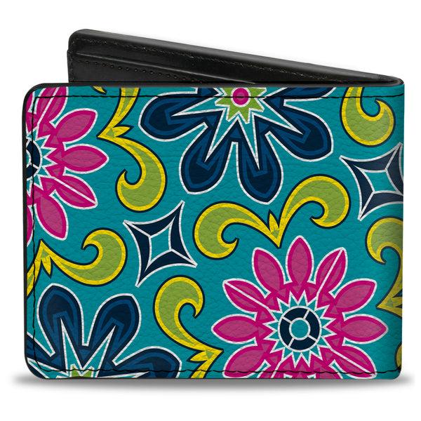 Buckle-Down Bi-Fold Wallet - Floral Burst Turquoise Blues Pinks Yellow Green