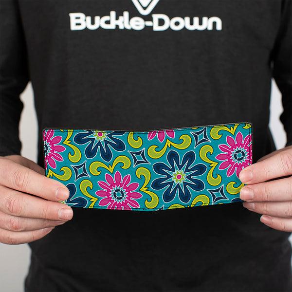 Buckle-Down Bi-Fold Wallet - Floral Burst Turquoise Blues Pinks Yellow Green