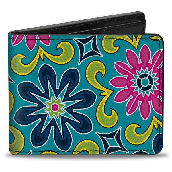 Buckle-Down Bi-Fold Wallet - Floral Burst Turquoise Blues Pinks Yellow Green