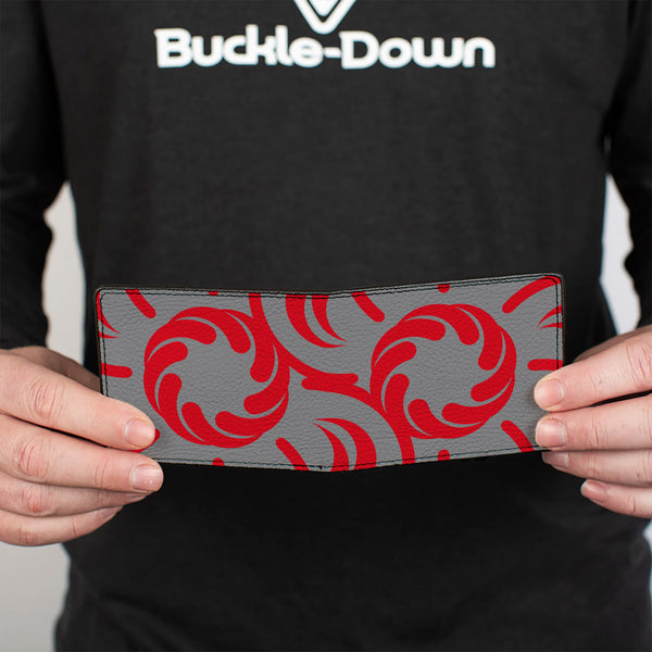 Buckle-Down Bi-Fold Wallet - Floral Pinwheel CLOSE-UP Gray Red