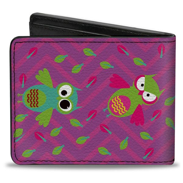 Buckle-Down Bi-Fold Wallet - Flying Owls W Leaves Purple Multi Color