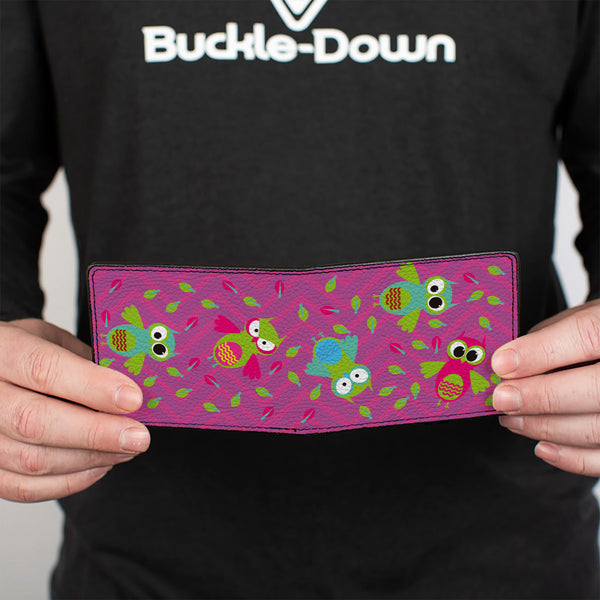 Buckle-Down Bi-Fold Wallet - Flying Owls W Leaves Purple Multi Color