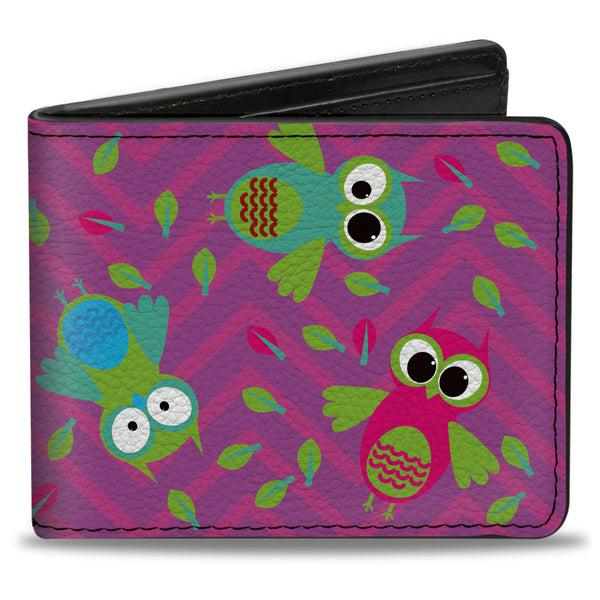 Buckle-Down Bi-Fold Wallet - Flying Owls w Leaves Purple Multi Color