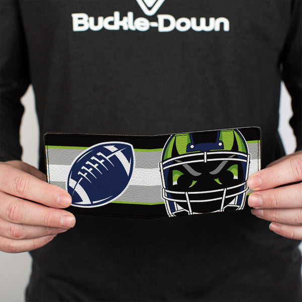 Buckle-Down Bi-Fold Wallet - Football Helmet Stripe2 Black Neon Green Silver White Blue