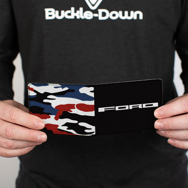 Buckle-Down Bi-Fold Wallet - FORD Text + Americana Camo Black White Red Blue
