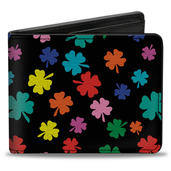 Buckle-Down Bi-Fold Wallet - Four-Leaf Clovers Scattered Black Multi Color