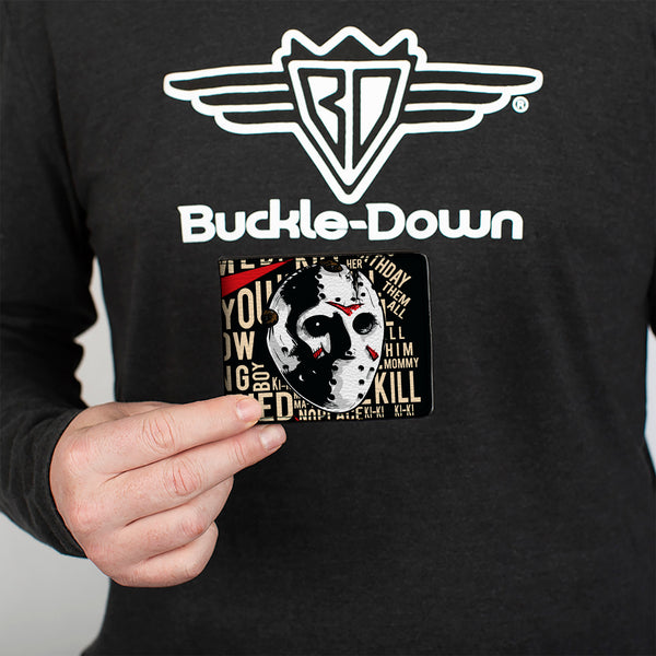 Buckle-Down Bi-Fold Wallet - FRIDAY THE 13th Jason Mask4 And Title Logo With Quotes Typography Black