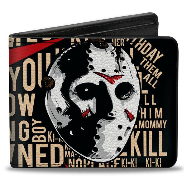 Buckle-Down Bi-Fold Wallet - FRIDAY THE 13th Jason Mask4 and Title Logo with Quotes Typography Black
