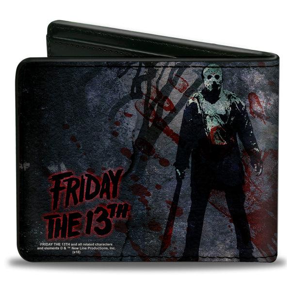 Buckle-Down Bi-Fold Wallet - FRIDAY THE 13th Logo Jason Machete Pose Blood Splatter Grays Reds Black