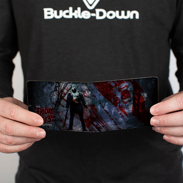 Buckle-Down Bi-Fold Wallet - FRIDAY THE 13th Logo Jason Machete Pose Blood Splatter Grays Reds Black