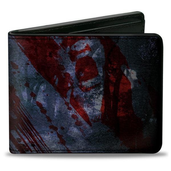 Buckle-Down Bi-Fold Wallet - FRIDAY THE 13th Logo Jason Machete Pose Blood Splatter Grays Reds Black