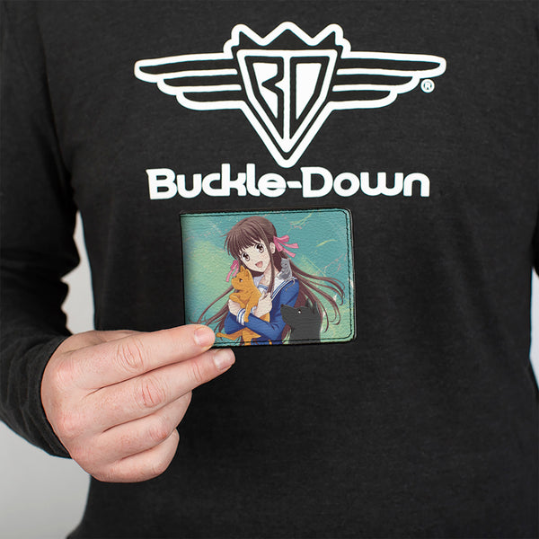 Buckle-Down Bi-Fold Wallet - Fruits Basket Kyo Yuki And Tohru With Cat Rat And Dog Group Pose Greens/Blues