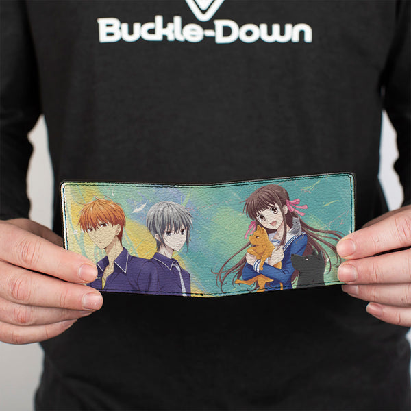 Buckle-Down Bi-Fold Wallet - Fruits Basket Kyo Yuki And Tohru With Cat Rat And Dog Group Pose Greens/Blues