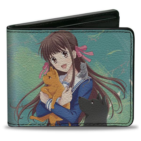 Buckle-Down Bi-Fold Wallet - Fruits Basket Kyo Yuki and Tohru with Cat Rat and Dog Group Pose Greens/Blues
