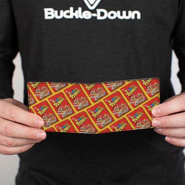 Buckle-Down Bi-Fold Wallet - FRUITY PEBBLES Fred Flintstone And Barney Rubble Cereal Box Repeat Yellow/Red