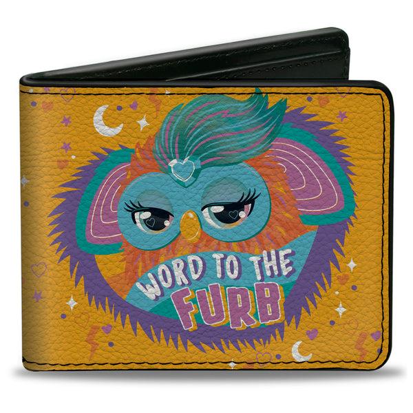 Buckle-Down Bi-Fold Wallet - Furby Orange Furby WORD TO THE FURB Heart Pose and Title Logo Orange/Purple