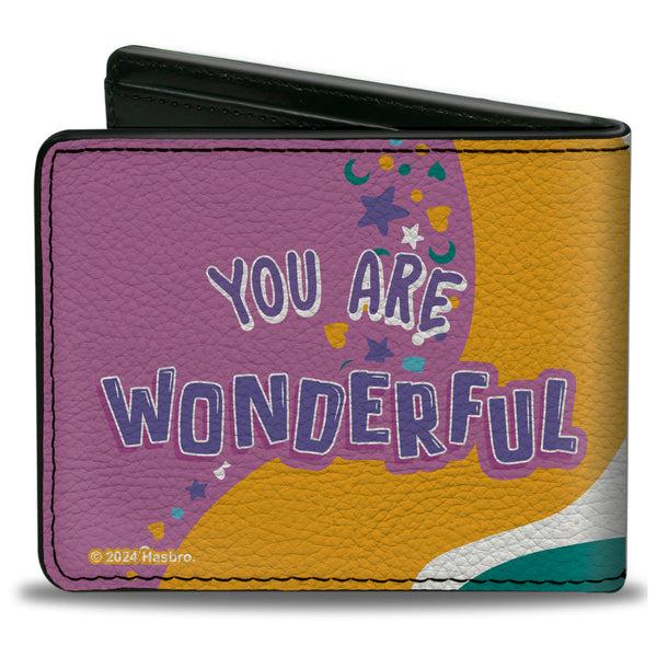 Buckle-Down Bi-Fold Wallet - Furby Purple Furby YOU ARE WONDERFUL Running Pose Multi Color