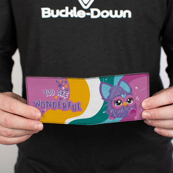 Buckle-Down Bi-Fold Wallet - Furby Purple Furby YOU ARE WONDERFUL Running Pose Multi Color