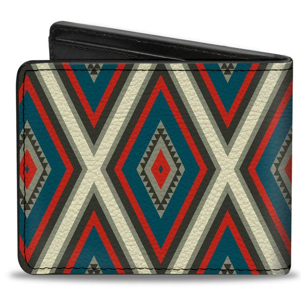 Buckle-Down Bi-Fold Wallet - Geometric Diamonds Grays Red Turquoise
