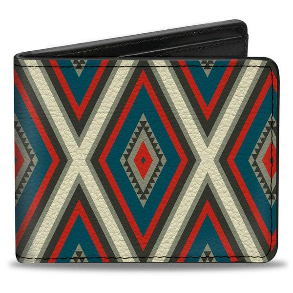 Buckle-Down Bi-Fold Wallet - Geometric Diamonds Grays Red Turquoise