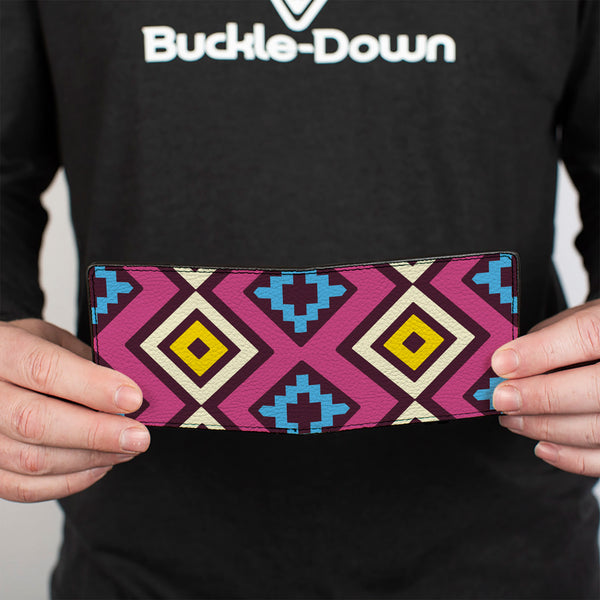 Buckle-Down Bi-Fold Wallet - Geometric1 Burgundy Pink Tan Yellow Baby Blue
