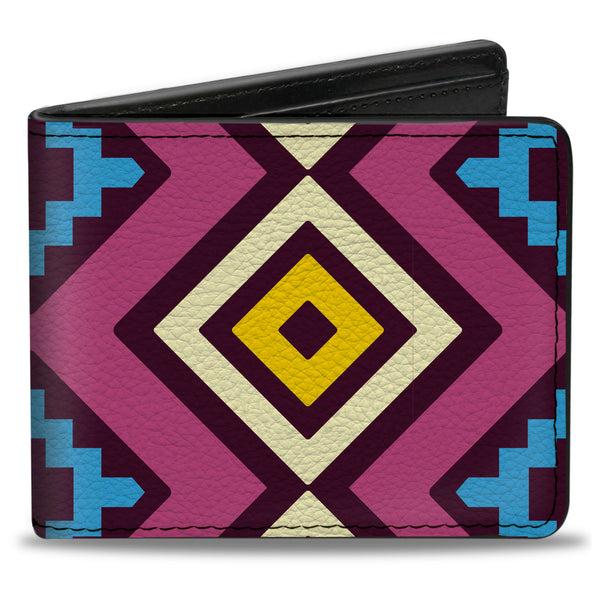 Buckle-Down Bi-Fold Wallet - Geometric1 Burgundy Pink Tan Yellow Baby Blue