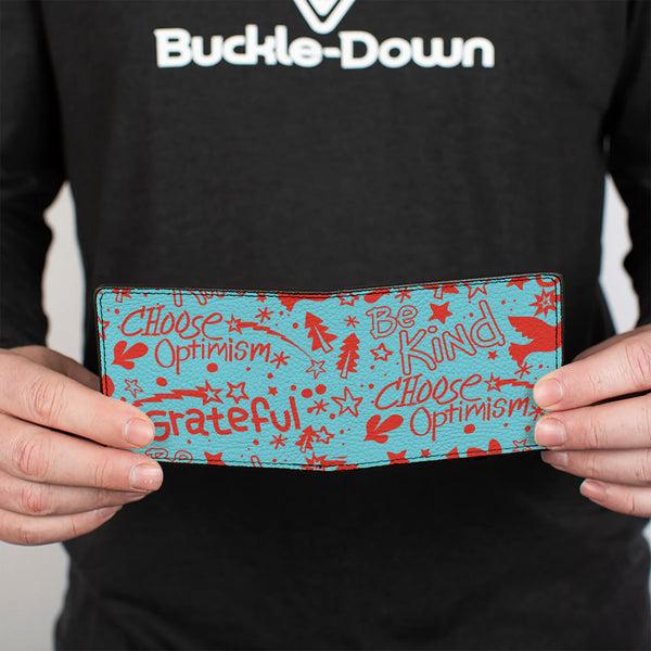 Buckle-Down Bi-Fold Wallet - GRATEFUL OPTIMISM BE KIND Icons Collage Blue/Red