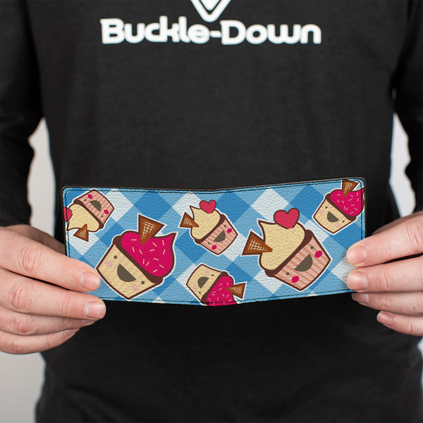 Buckle-Down Bi-Fold Wallet - Happy Cupcakes Buffalo Plaid White Blue