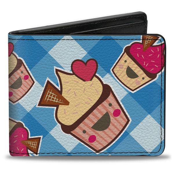 Buckle-Down Bi-Fold Wallet - Happy Cupcakes Buffalo Plaid White Blue