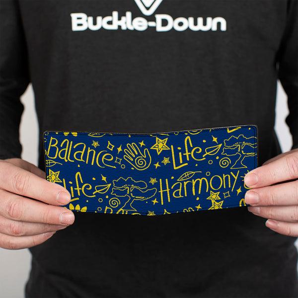 Buckle-Down Bi-Fold Wallet - HARMONY BALANCE LIFE Icons Collage Blue/Yellow