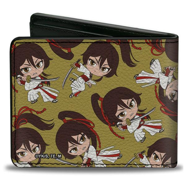 Buckle-Down Bi-Fold Wallet - Hell's Paradise Chibi Sagiri Sword Poses Scattered Golden Yellow